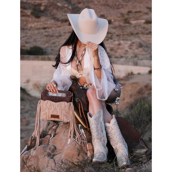 Western Fringe Crossbody Bag Vegan Leather Embroidered Boot Handbag - Picture 2 of 8